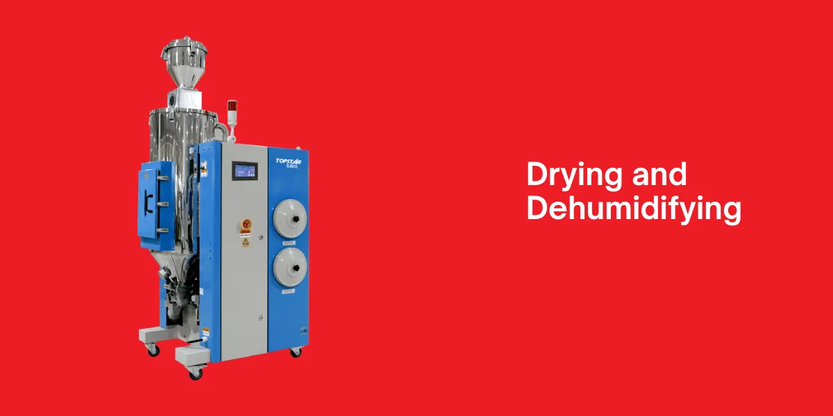 Drying and Dehumidifying Industrial drying and dehumidifying machine with a blue and gray design against a red background