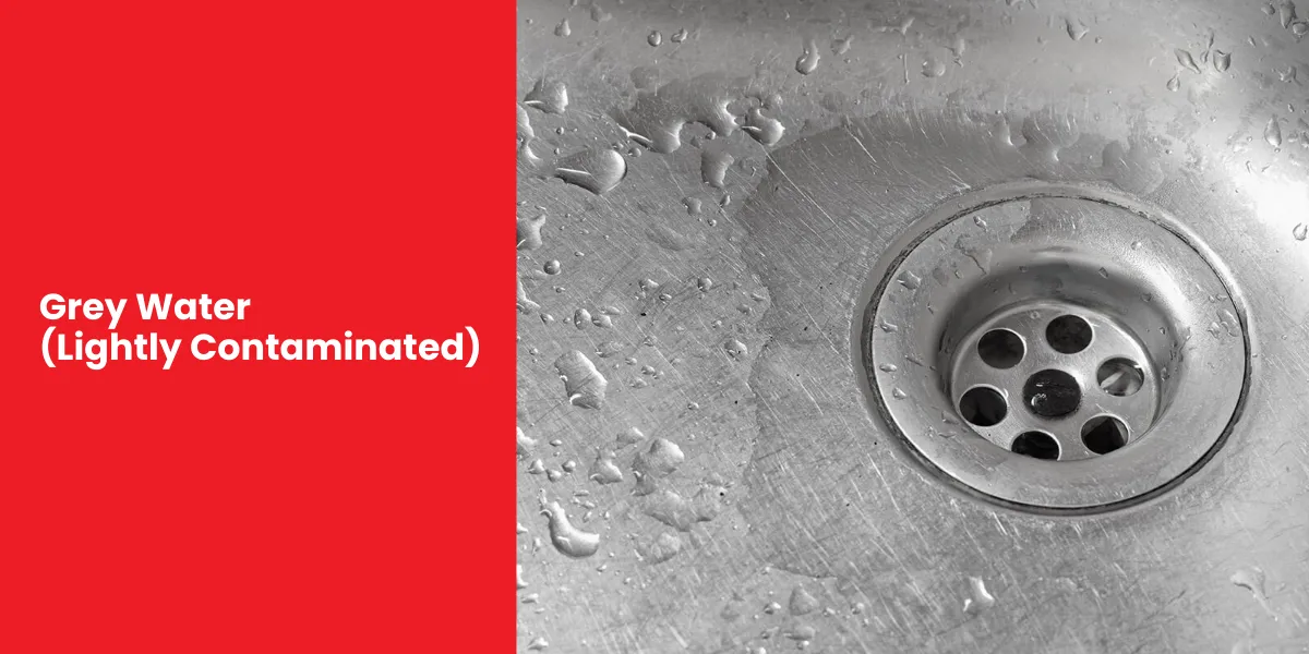 Grey Water Lightly Contaminated Stainless steel sink with water droplets around the drain, illustrating lightly contaminated water from household use