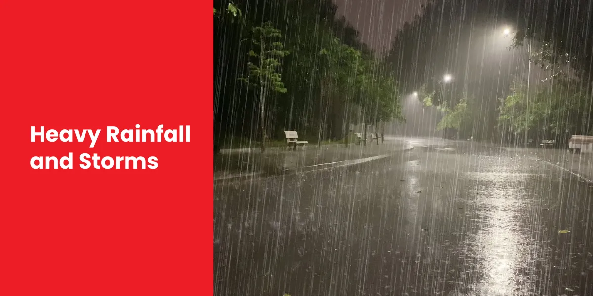 Heavy Rainfall and Storms Illustration of heavy rainfall and storms causing potential basement flooding
