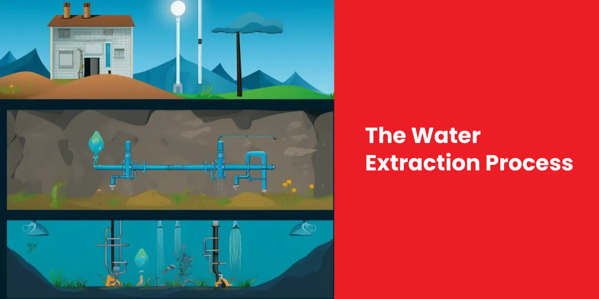 The Water Extraction Process Illustrated infographic showing underground water extraction with pipes connecting to a house.