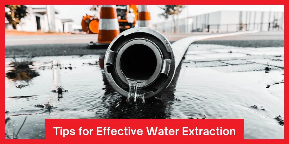 Tips for Effective Water Extraction Large industrial hose releasing water onto a wet pavement with orange traffic cones in the background