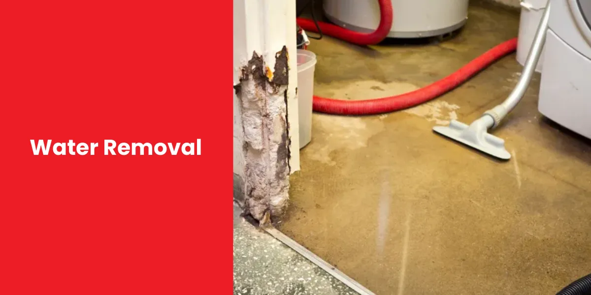 Water Removal Water removal process in progress with a vacuum suction tool on a wet floor near a washing machine