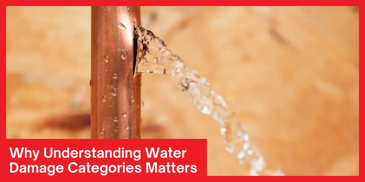 Why Understanding Water Damage Categories Matters Copper pipe leaking water from a split section, emphasizing the importance of identifying water damage categories