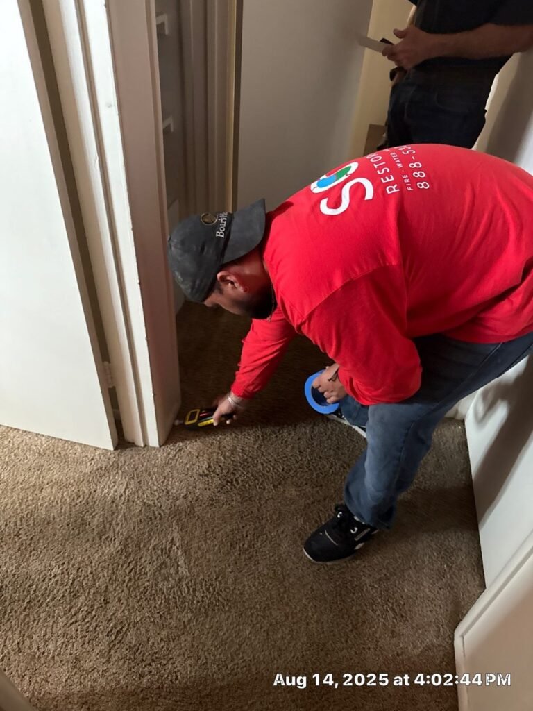 An SOS technician lifting carpet in a bedroom in Ventura County