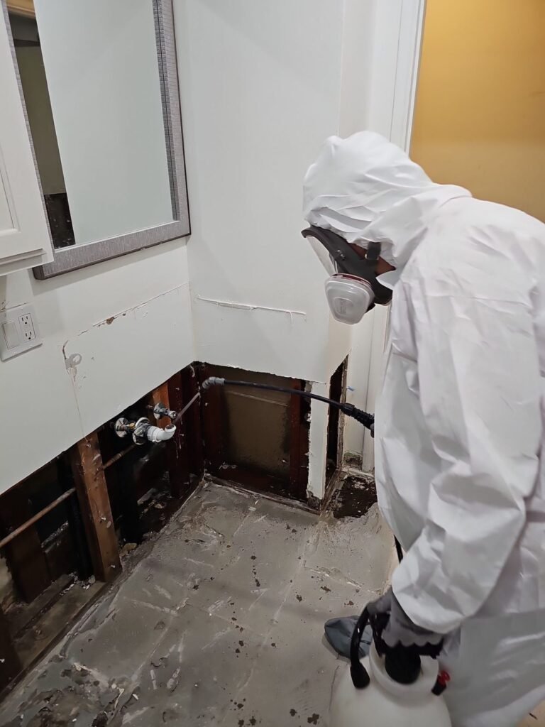 A suited technician beside a bathroom vanity with the wall opened behind it
